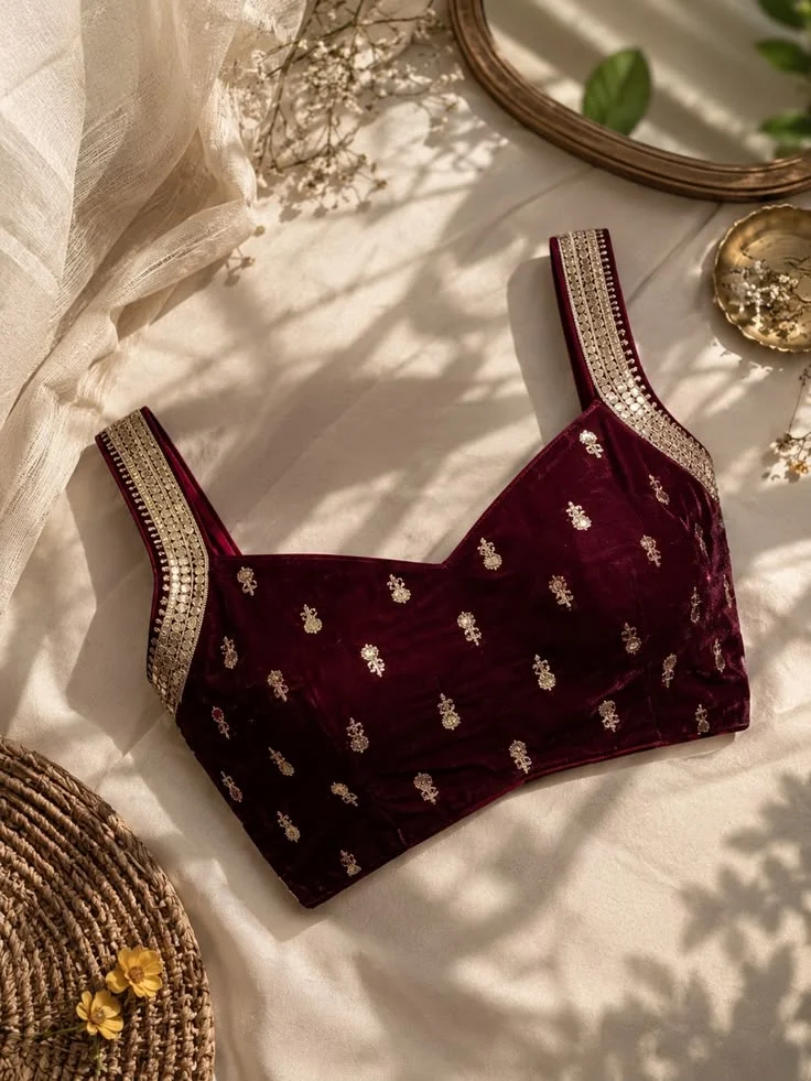 Maroon velvet blouse with gold hand work