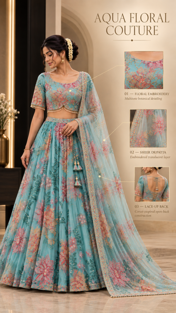 Neelambari Sky Blue Floral Lehenga