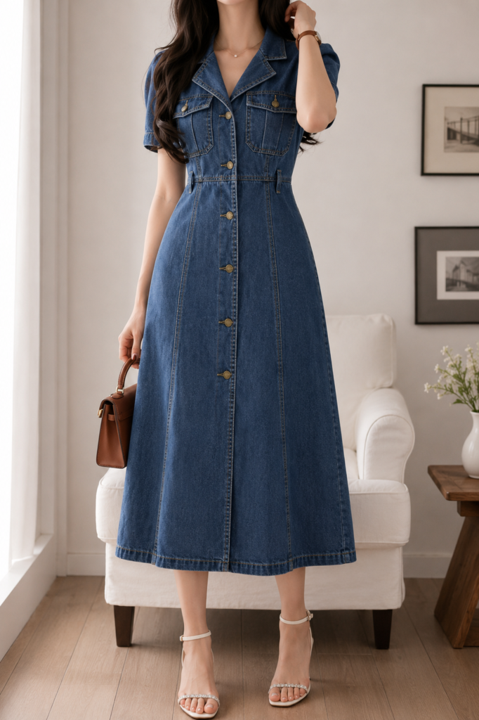 Tara Denim Puff-Sleeve Midi Dress