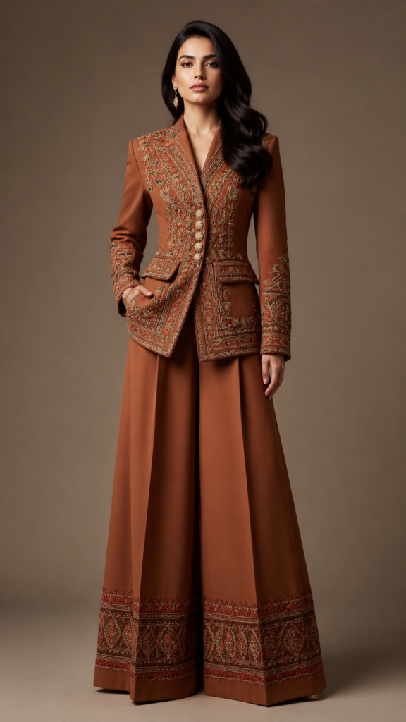 Kesar Rust Embroidered Blazer Set