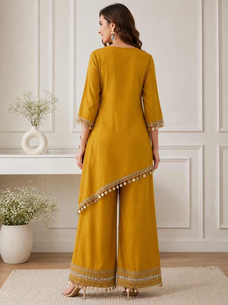 Haldi Mustard Coin-Trim Tunic Set