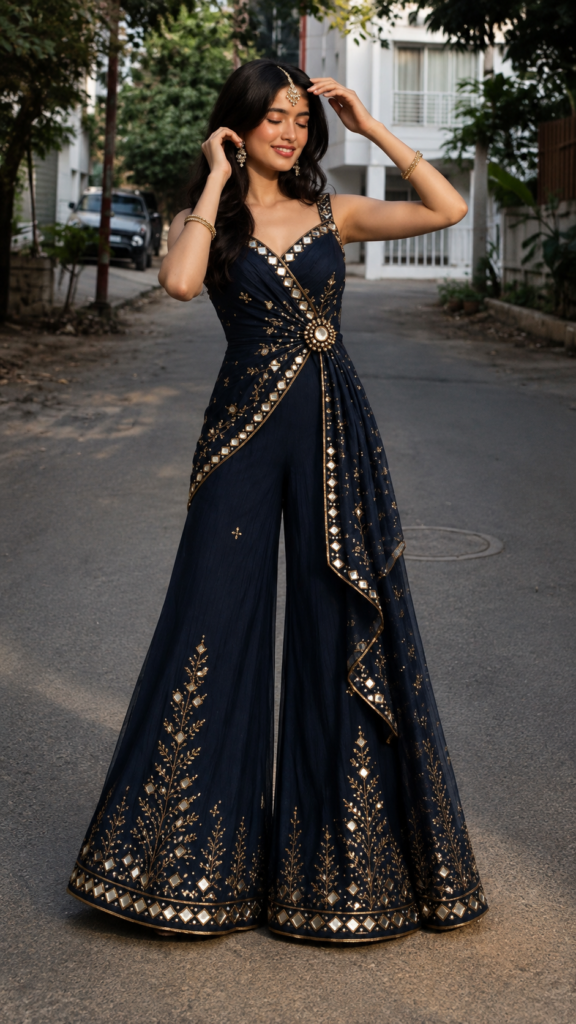 Neelanjali Navy Mirror-Work Drape Set