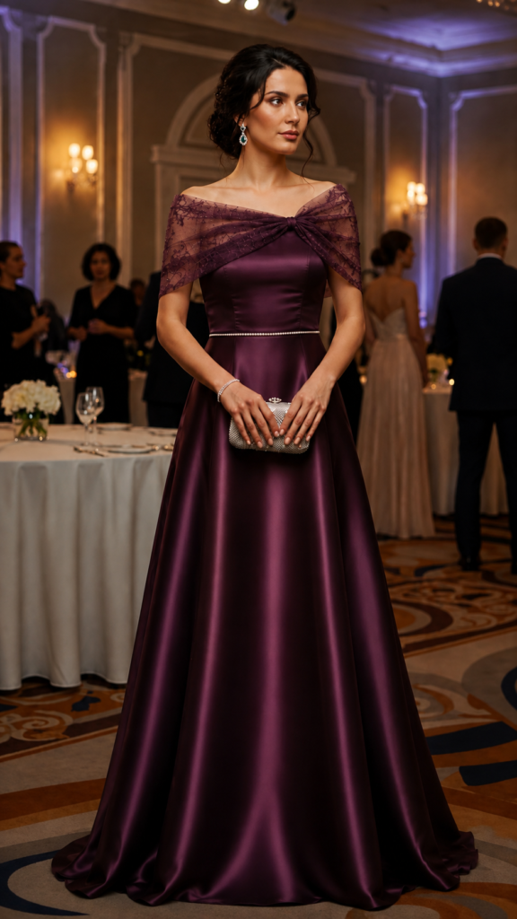 Baingani Plum Satin Ballgown