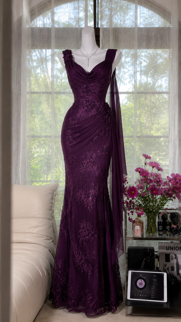Jamuni Aubergine Lace Mermaid Gown
