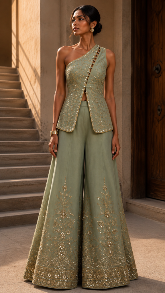 Ishani Sage One-Shoulder Palazzo Set