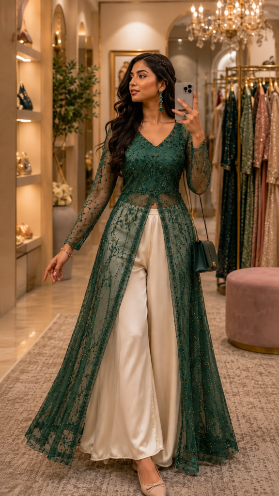 Harit Emerald Sequin Cape Jacket Set