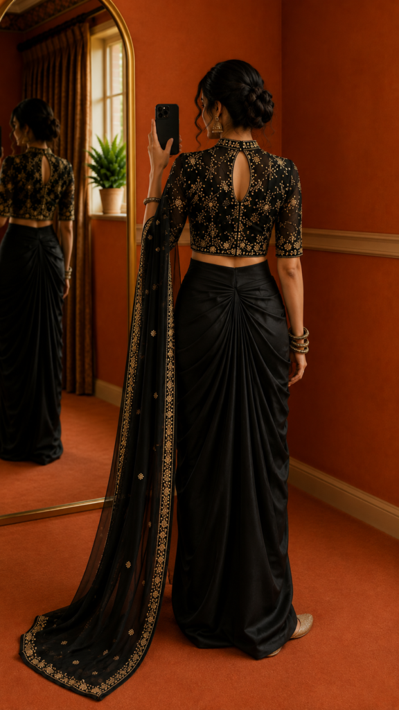 Shyamali Black Dhoti-Drape Saree Gown