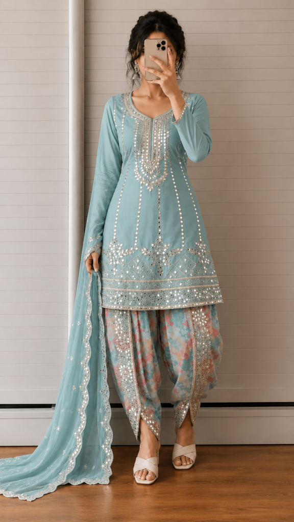 Neela Powder Blue Mirror-Work Kurta Set
