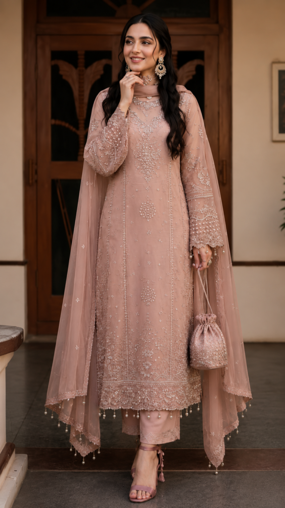 Moti Dusty Rose Pearl Kurta Set