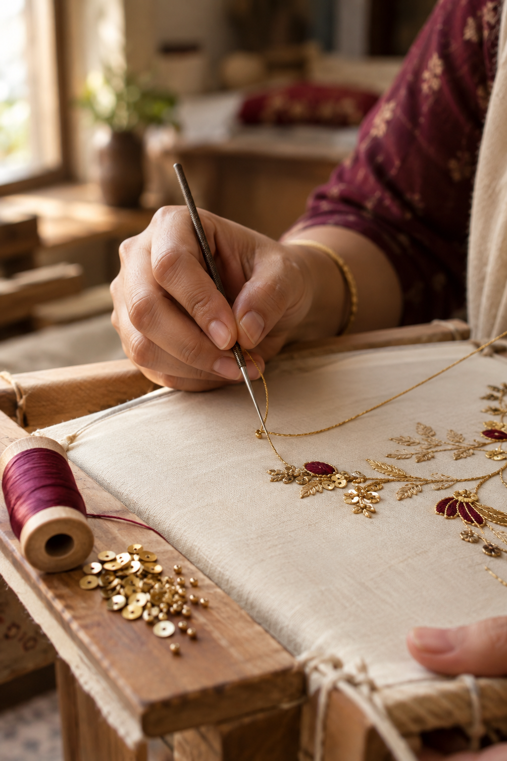 Close-up of hand aari embroidery in progress