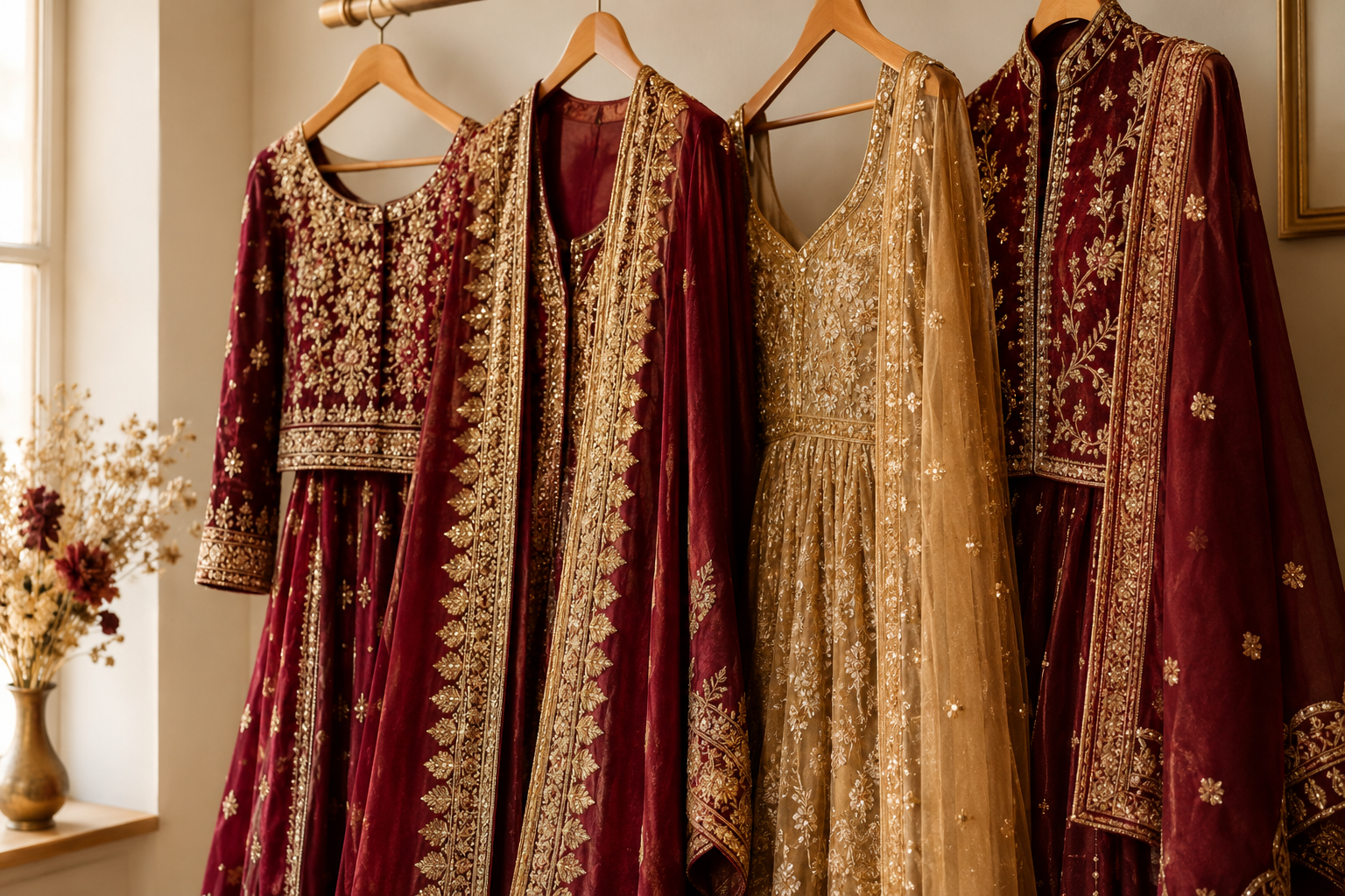 Finished outfits on display at the studio