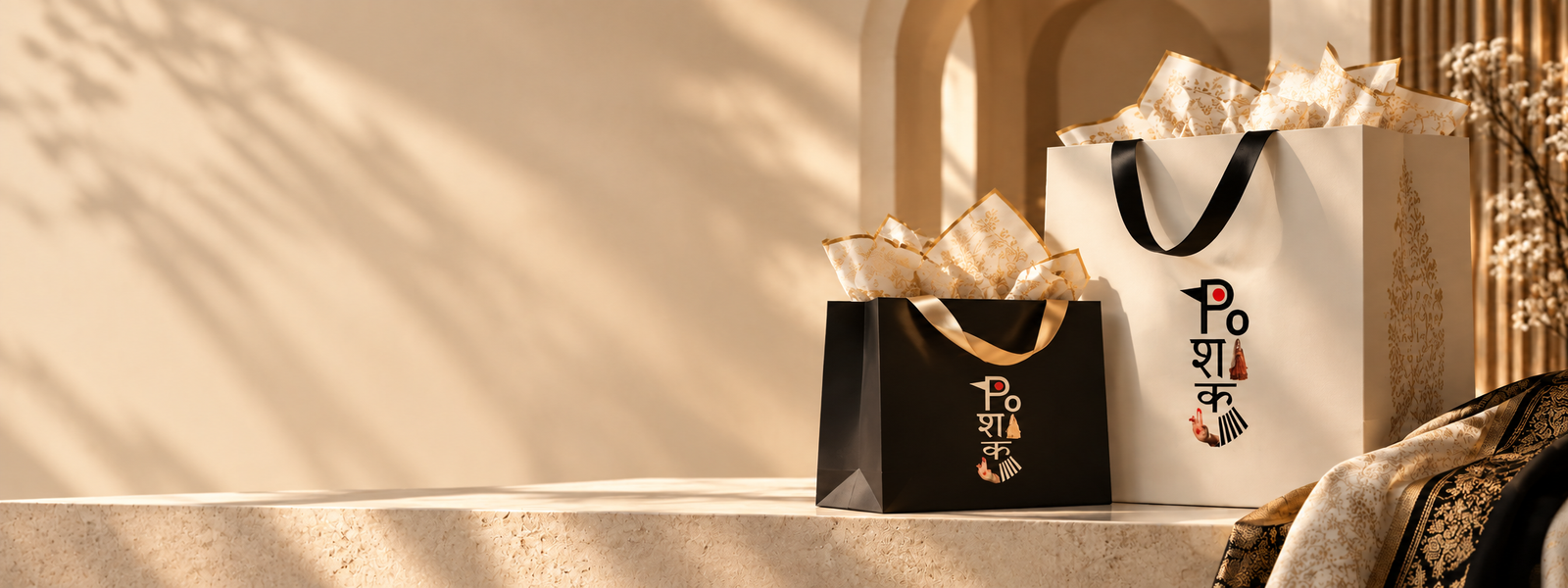 Poshak gift bags, tissue-lined and ribbon-tied