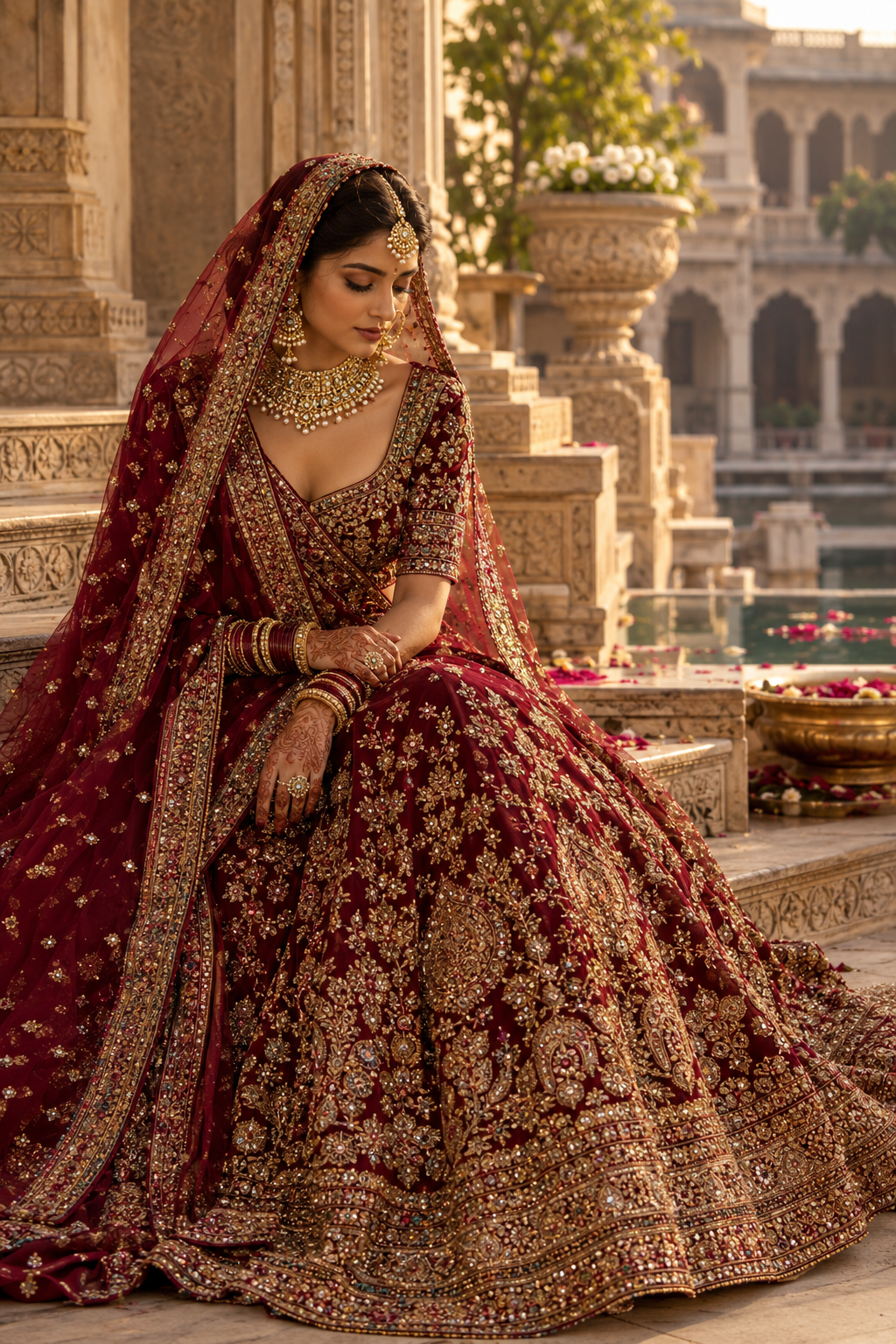 Bridal lehenga with dupatta at a heritage courtyard, Bridal category
