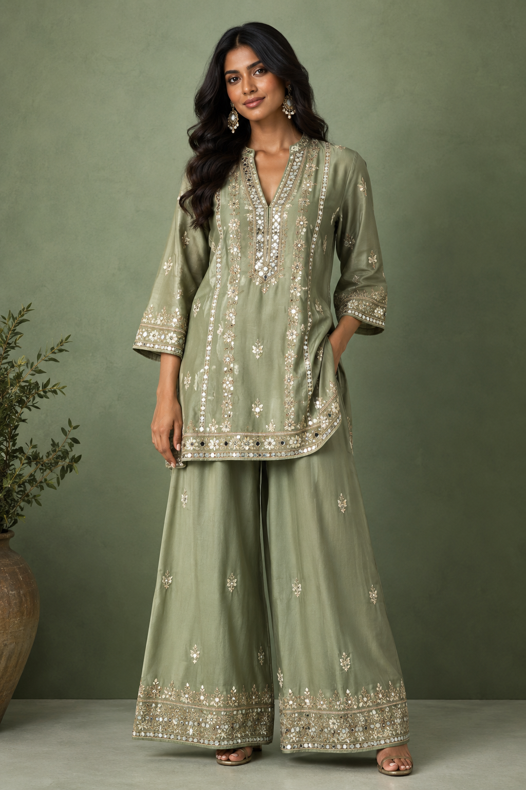 Sage tunic and palazzo mirror work set, Cord-Sets category