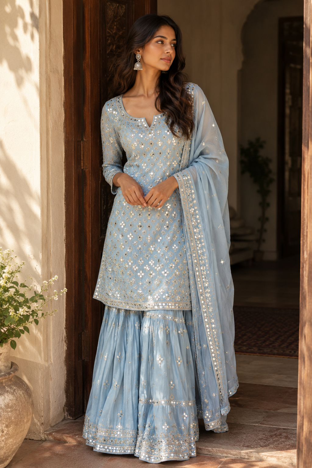 Powder blue mirror work kurta sharara set, Kurta Sets category