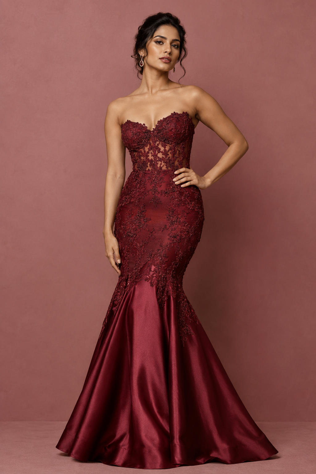Wine lace mermaid evening gown, Western category