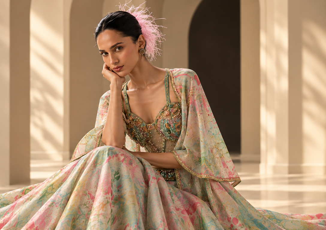 Model in an embellished floral lehenga under an archway