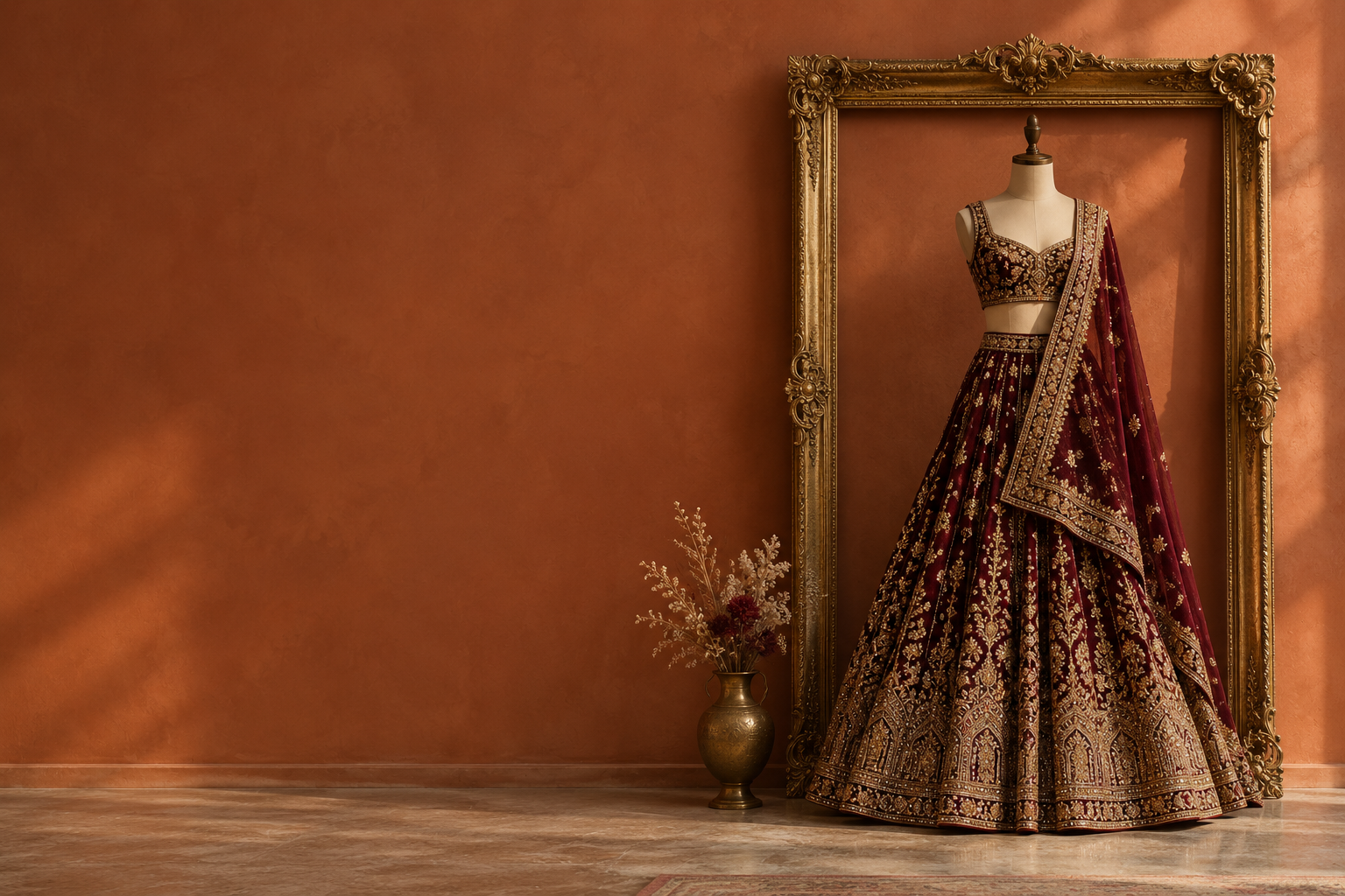 Embroidered lehenga in a gilt frame against a terracotta wall