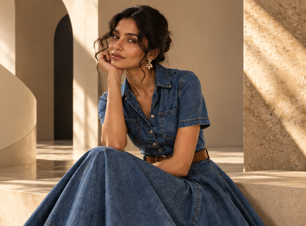 Model in a denim shirt dress seated against an archway