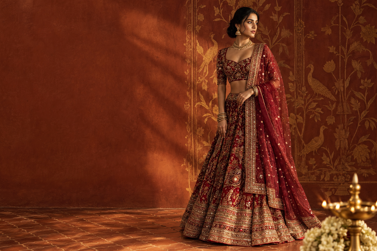 Model in a hand embroidered deep maroon and gold festive lehenga, Festive 2026 DOR collection