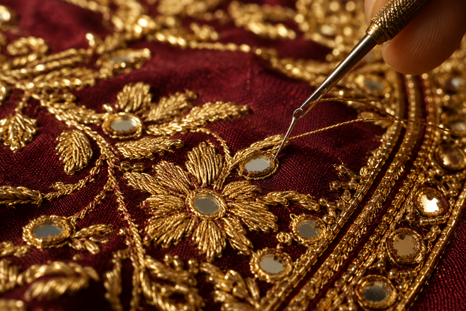Close up of gold zari work on maroon silk
