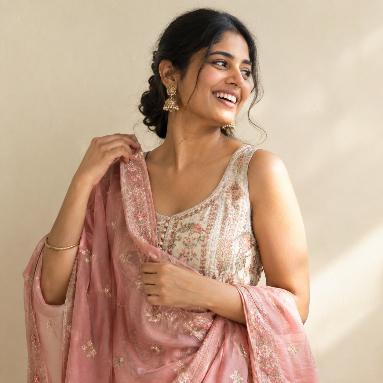 Woman smiling in a pink embroidered silk dupatta