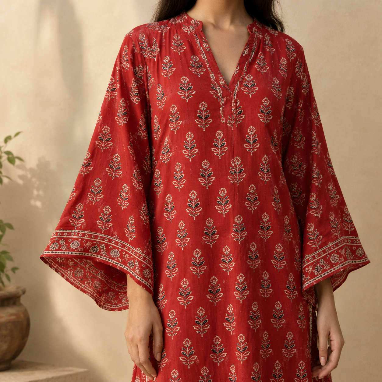 Red printed kurta with wide sleeves