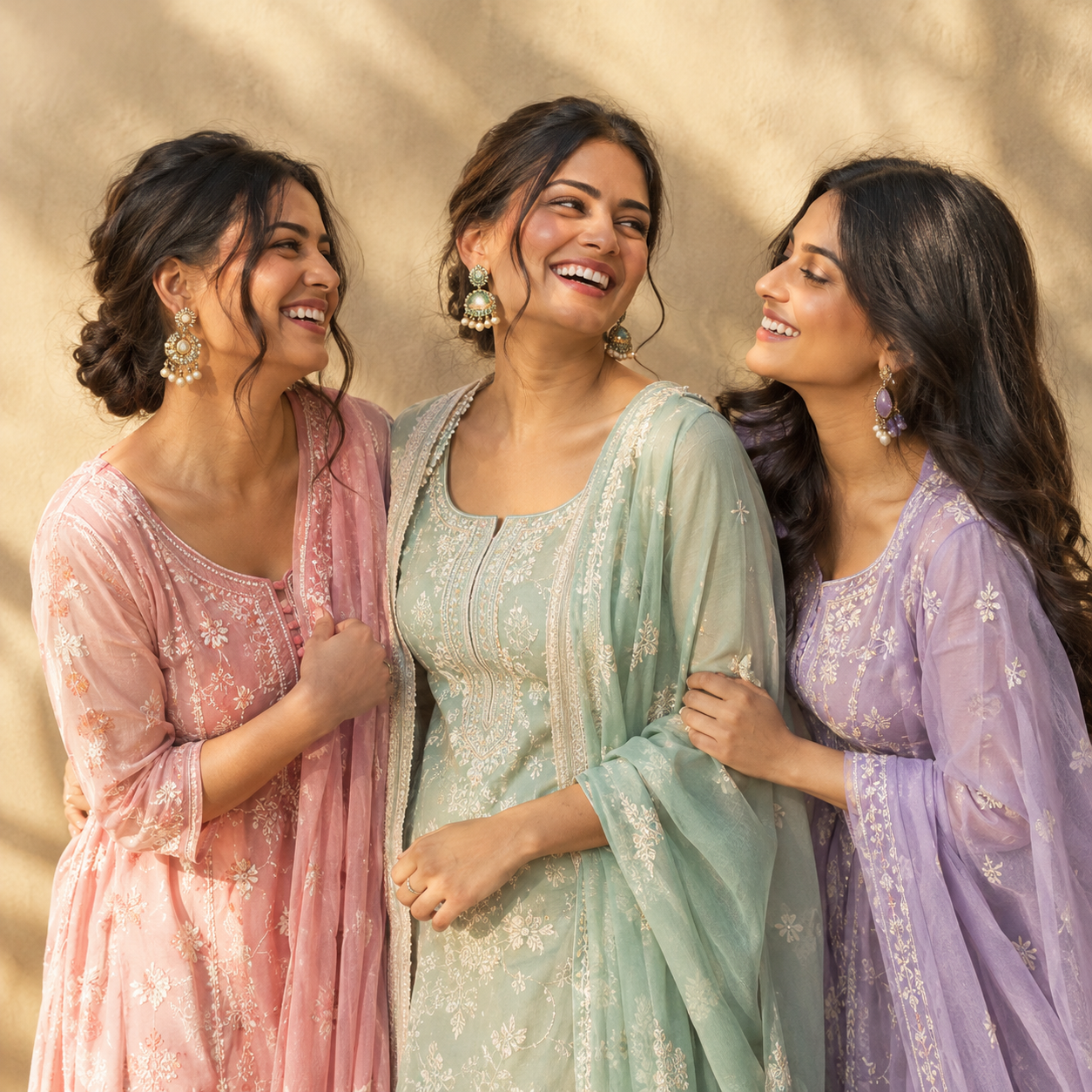 Three women in pastel festive wear