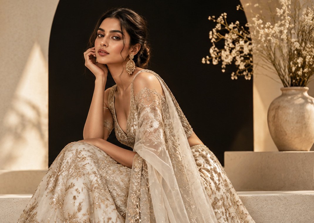 Model in an embellished ivory lehenga