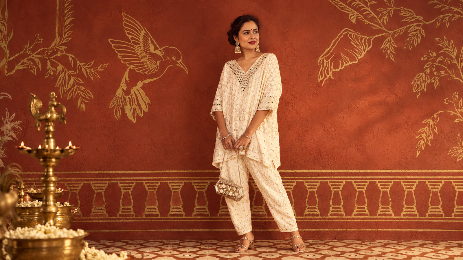 Vandna, founder of Poshak By Vandna, in an ivory embroidered co-ord against a hand painted terracotta wall